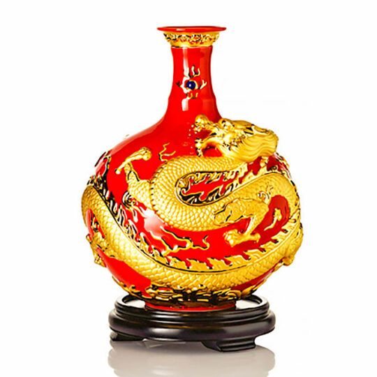 龍報平安球瓶 (紅金 / 附木座)